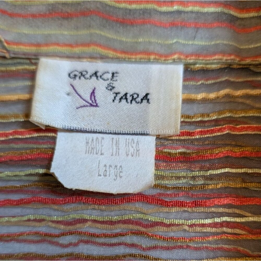 VTG Burnout Top Striped Sheer Button-Up Roll Tab Made In USA Grace & Tara Large - Picture 4 of 7